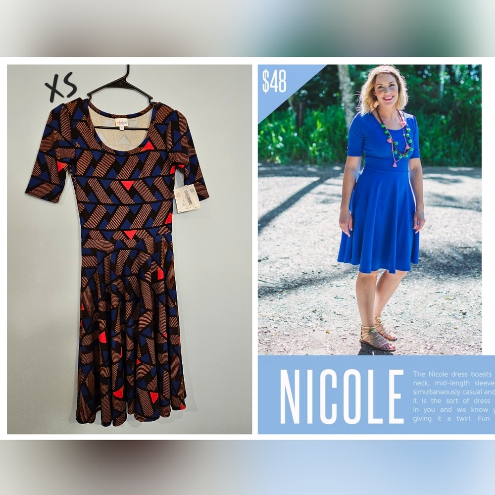 NWT LuLaRoe Nicole Dress Blue/Mustard/Brown Triangle Print Women's Size XS